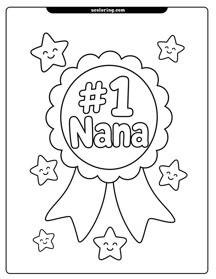 Large #1 Nana award ribbon with flowing tails and smiling stars coloring page
