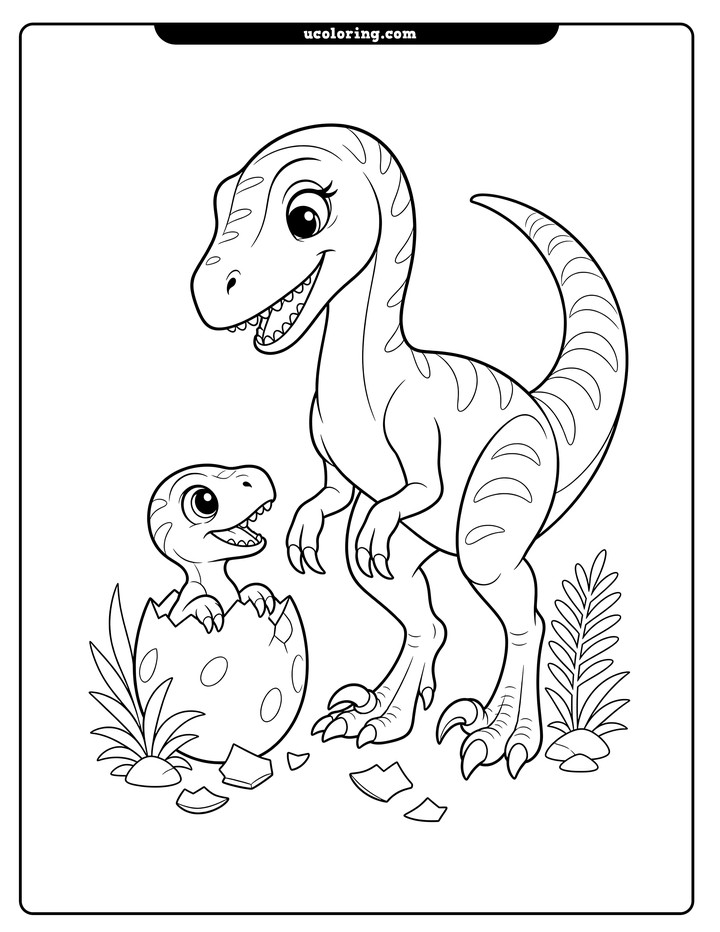 An adult velociraptor stands beside a hatchling peeking from a cracked eggshell coloring page