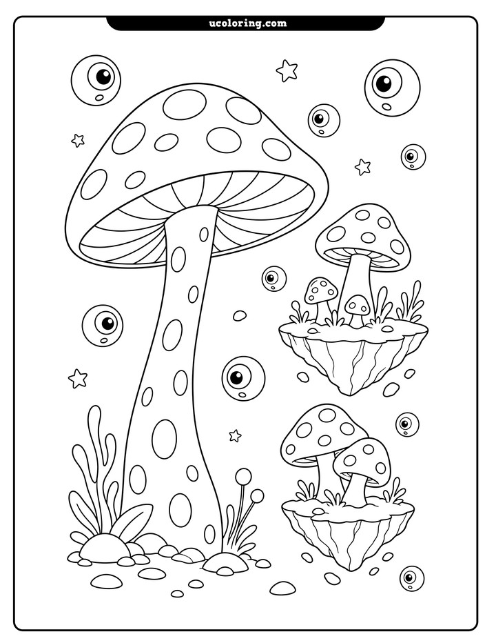 Tall spotted mushroom, floating rocky islands, smaller mushrooms, and drifting eyeballs in an alien landscape coloring page