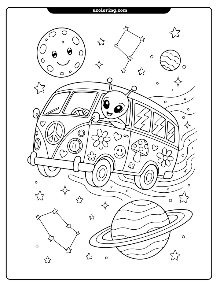 A smiling alien drives a decorated hippie bus past planets, a moon, stars, and cosmic streaks in outer space coloring page