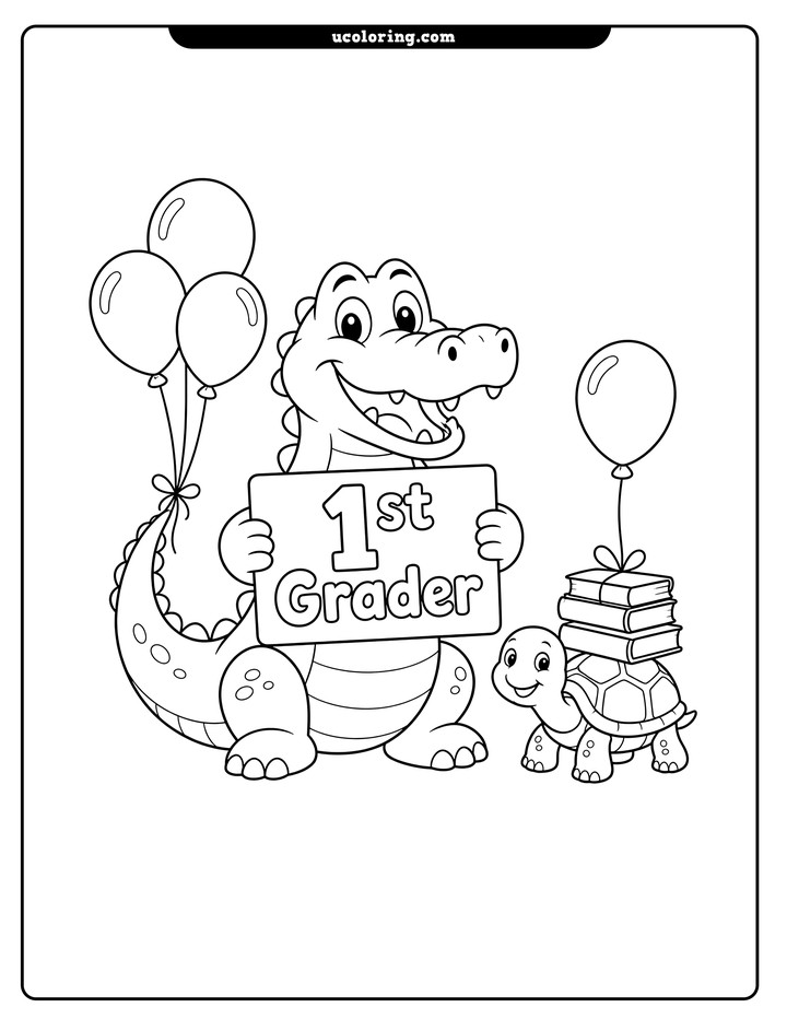 Cheerful alligator holding a "1st Grader" sign beside balloons and a turtle with books coloring page