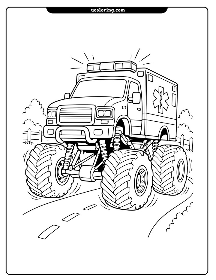 Ambulance monster truck with huge treaded tires driving on a curving road coloring page