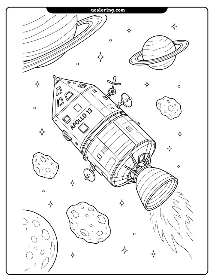 Apollo 13 spacecraft drifting through space with asteroids, stars, and ringed planets coloring page