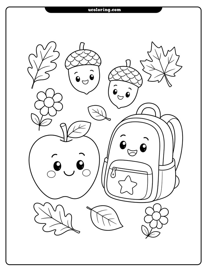 Smiling apple, school backpack, acorns, autumn leaves, and flowers on a white coloring page