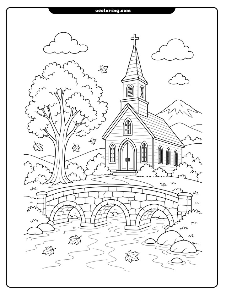 Autumn church beside a leafy tree, stone bridge, stream, hills, and snow-capped mountain coloring page
