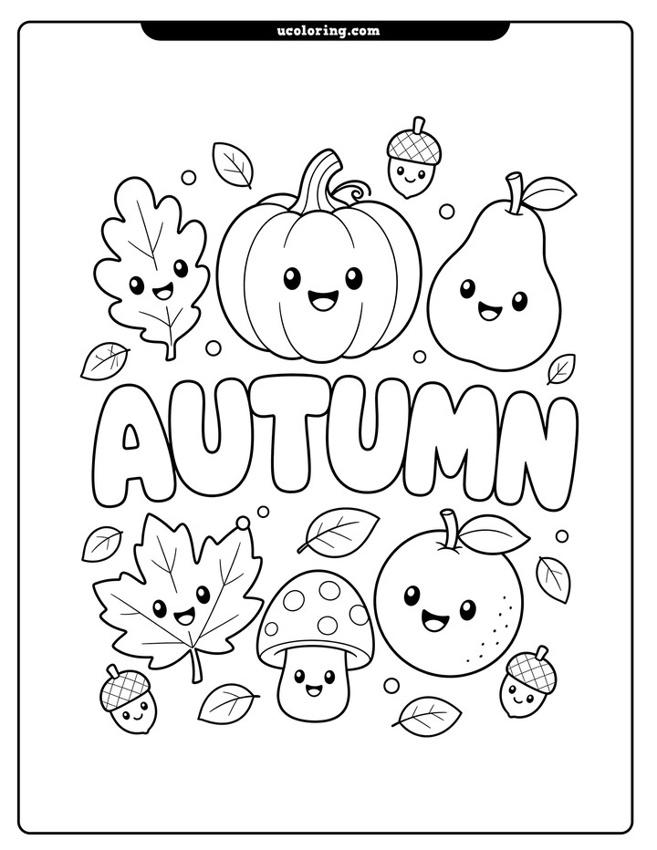 The word "AUTUMN" surrounded by smiling pumpkin, pear, orange, mushroom, leaves, and acorns coloring page