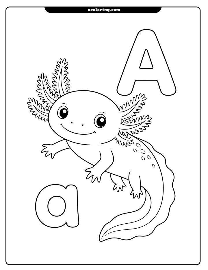 A friendly axolotl with feathery gills and simple uppercase and lowercase letter "A" coloring page