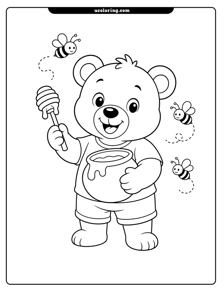 Cheerful baby bear holding an open honey jar and honey dipper with bees nearby coloring page