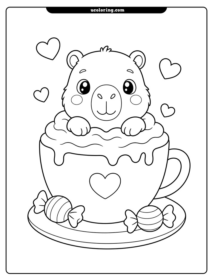 Baby capybara peeking from a cappuccino cup with candies and floating hearts coloring page