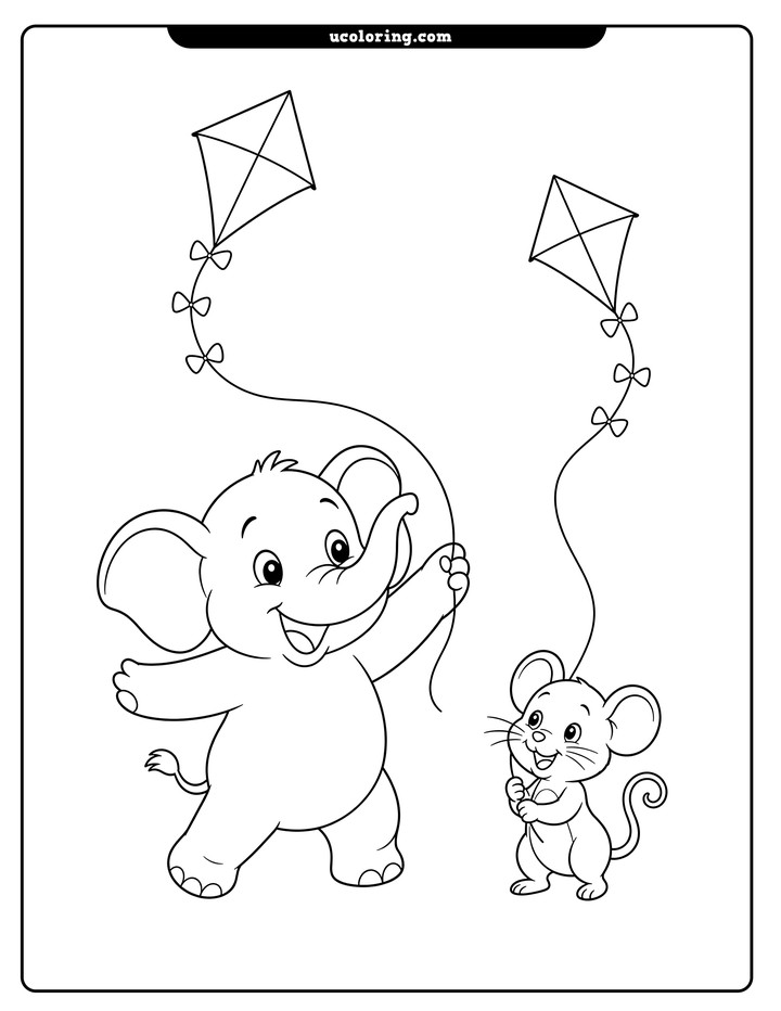 A baby elephant and a little mouse hold strings for two diamond-shaped kites coloring page