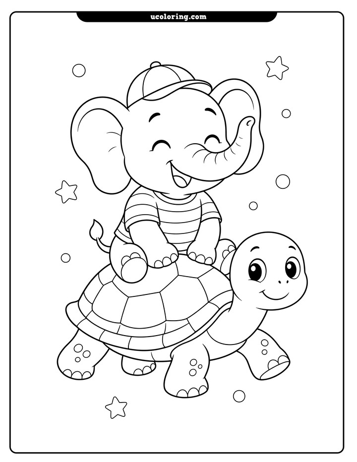 A smiling baby elephant in a striped shirt and cap rides on a friendly turtle with stars and bubbles coloring page