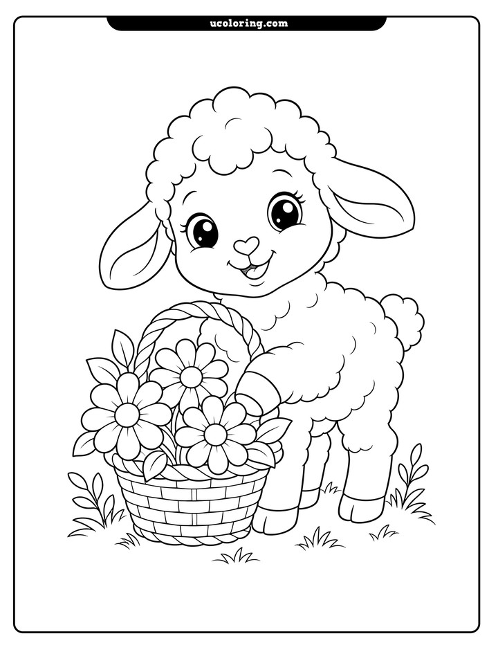 Fluffy baby lamb holding a woven basket of daisy-like flowers above a small grass patch coloring page