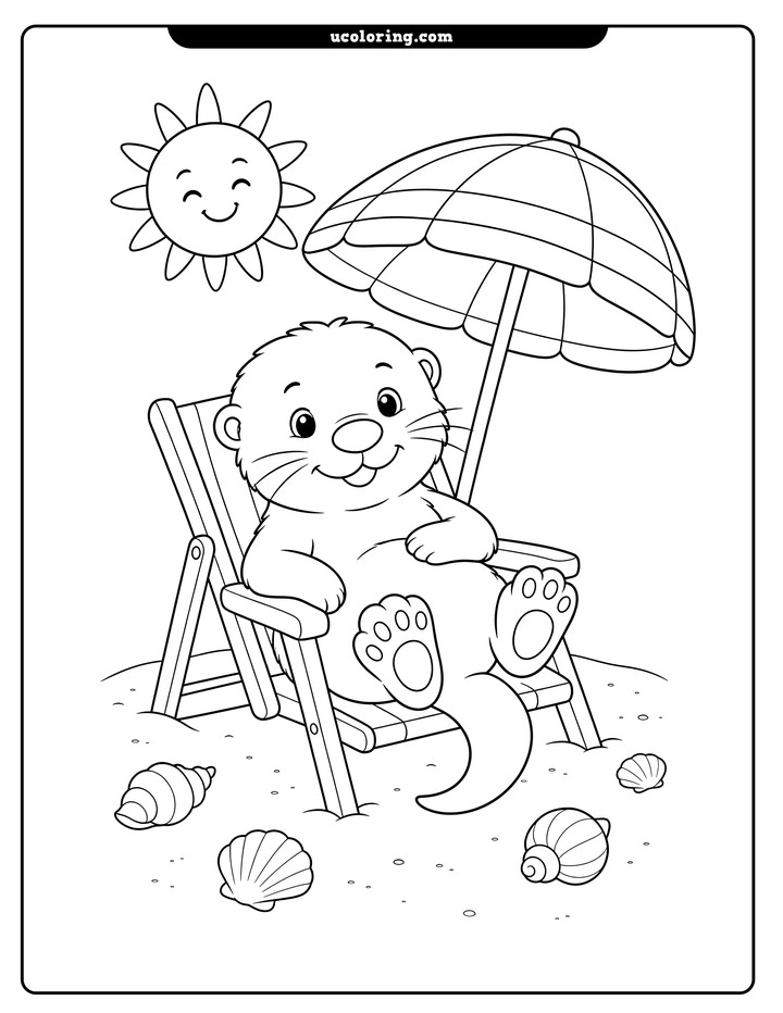 A baby otter relaxes in a beach chair under a striped umbrella with a smiling sun and seashells coloring page