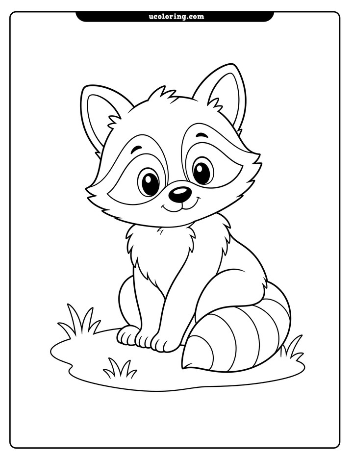 A friendly baby raccoon with a curled striped tail sits on a grassy patch coloring page