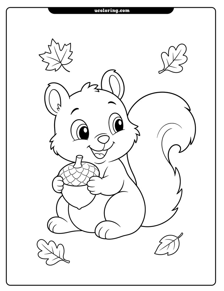 Cute baby squirrel holding a large acorn, with a fluffy curled tail and drifting autumn leaves coloring page