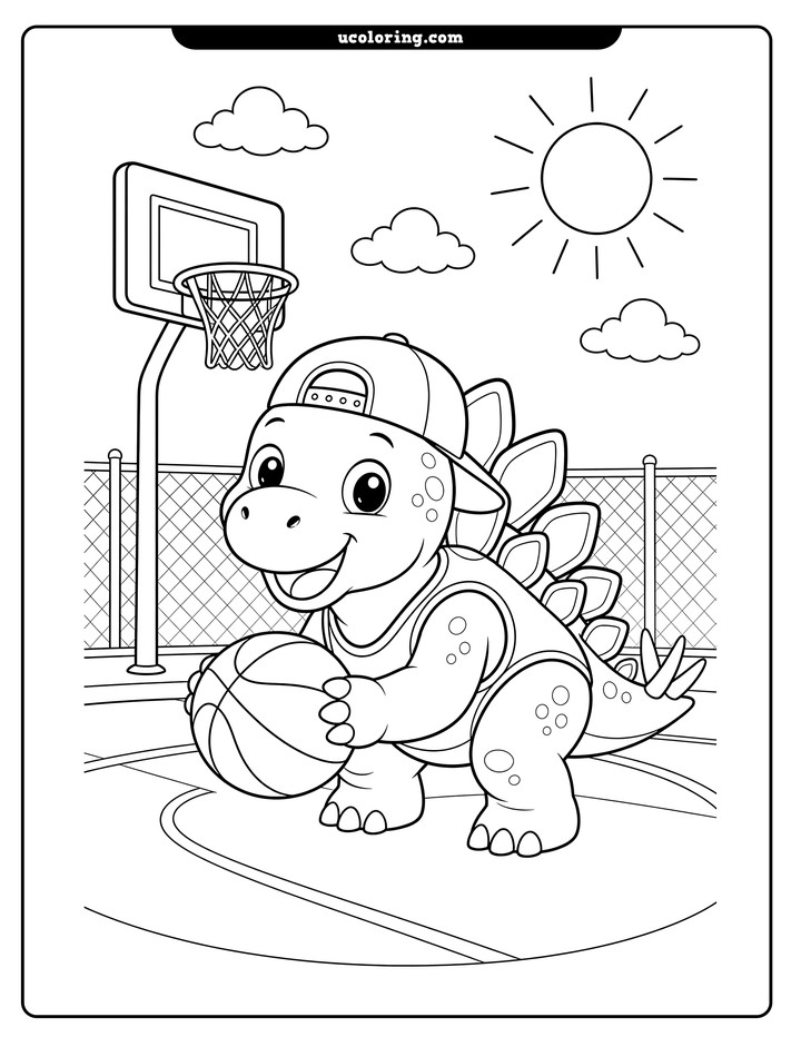 Baby stegosaurus in a cap and jersey holding a basketball near a hoop and court fence coloring page