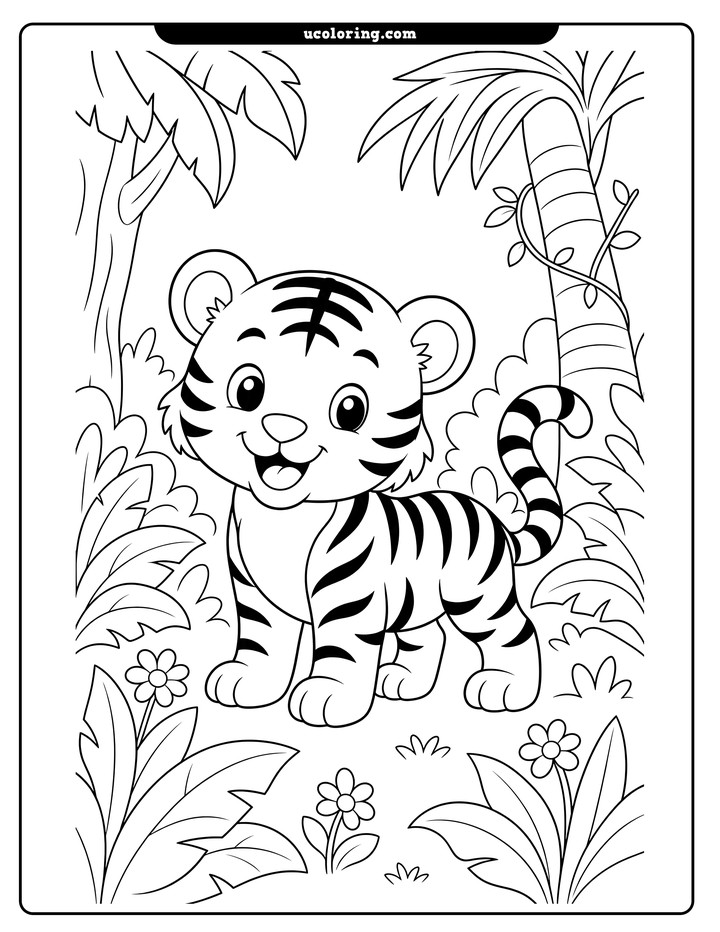 Cute striped baby tiger standing in a jungle clearing with trees, leafy plants, bushes, and flowers coloring page