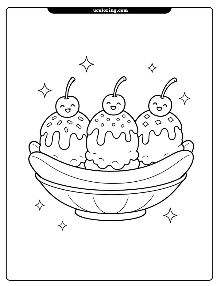 Banana split with three ice cream scoops, syrup, smiling cherries, and sparkles coloring page