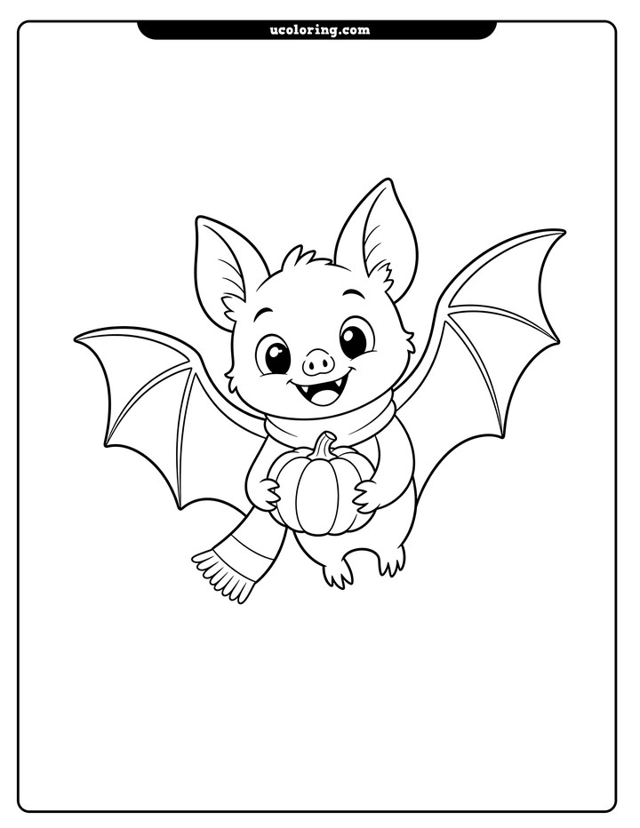 A friendly bat with spread wings holds a small pumpkin and wears a scarf coloring page