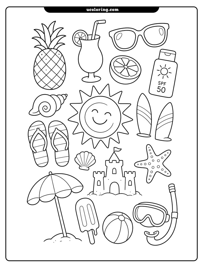 Beach-themed doodles with a pineapple, tropical drink, sun, sandcastle, umbrella, beach ball, and snorkeling gear coloring page