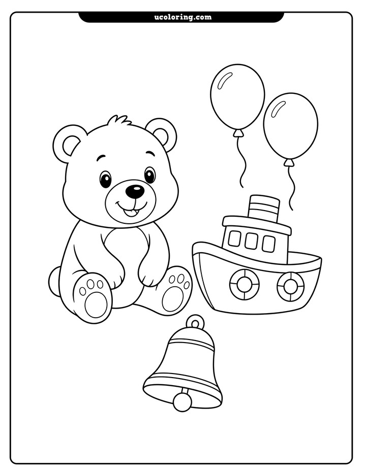 A sitting bear, bell, small boat with lifebuoys, and two balloons in bold line art coloring page