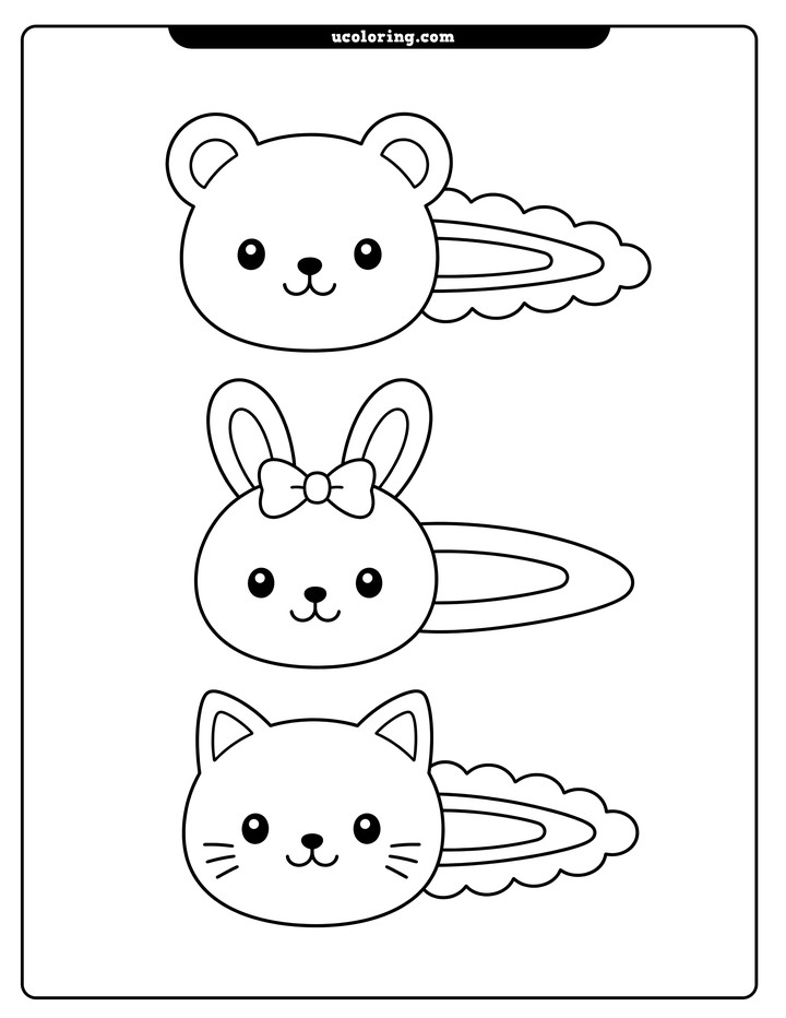 Three animal face hair barrettes in a vertical column: bear, bunny with a bow, and cat coloring page
