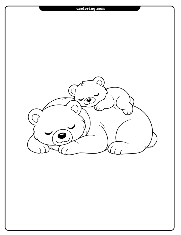 Sleepy bear cub snuggling on its resting mama bear coloring page