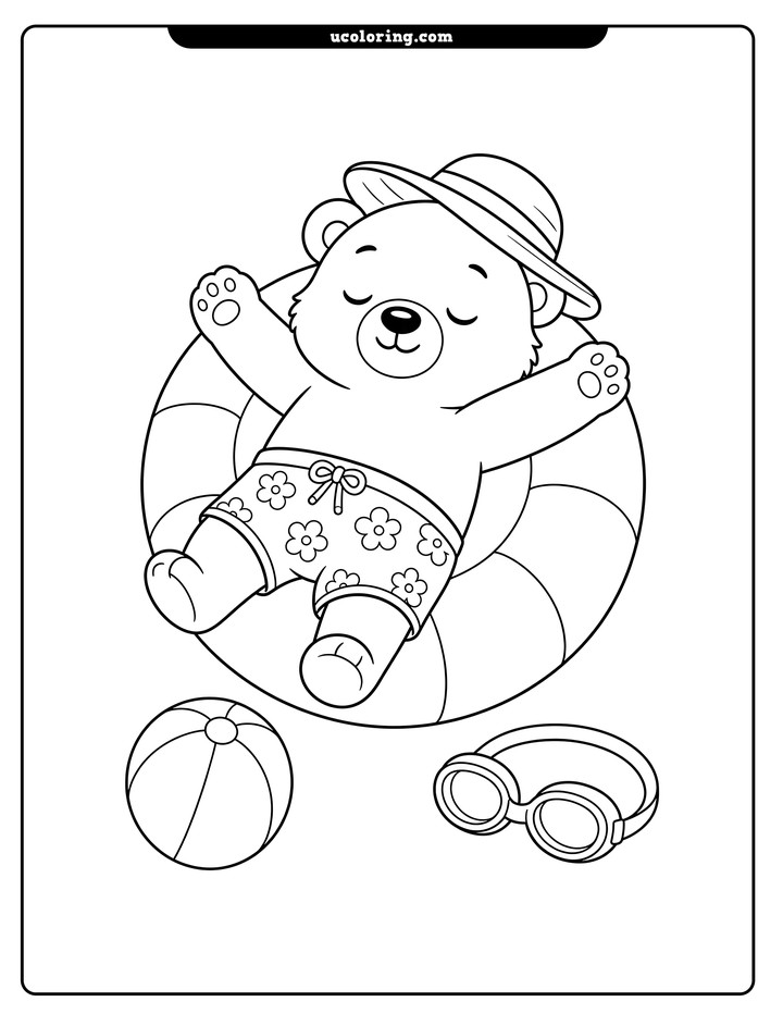 A relaxed bear in a pool float ring with a beach ball and swimming goggles coloring page