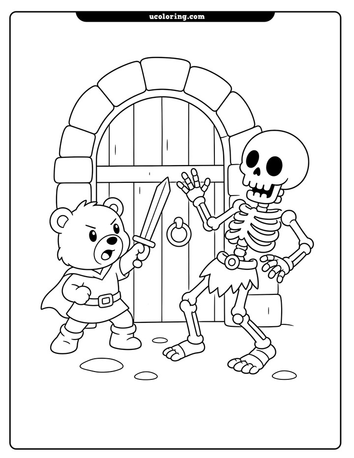 Bear hero with a raised sword faces a friendly skeleton warrior before an arched dungeon doorway coloring page