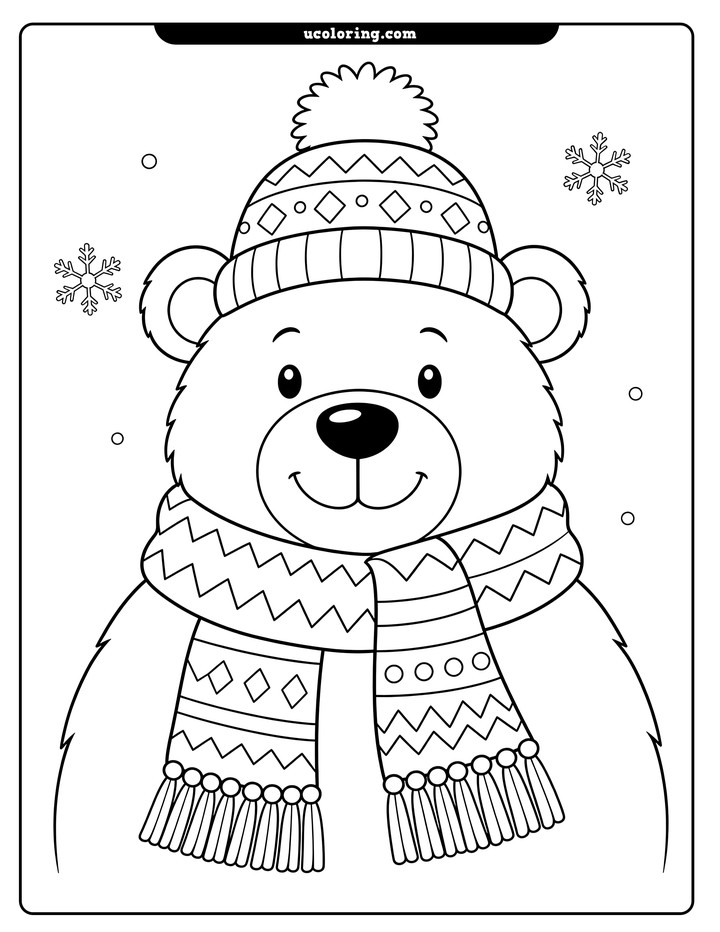 Centered cheerful bear wearing a knit pom-pom hat and patterned scarf coloring page