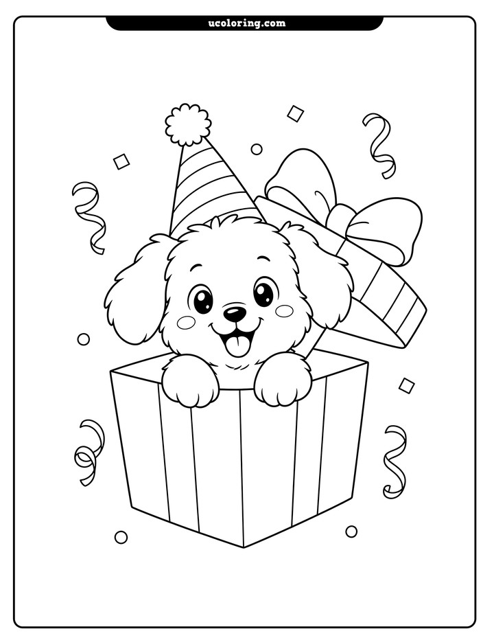 Fluffy puppy in a party hat popping from a large wrapped birthday gift with ribbons and confetti coloring page