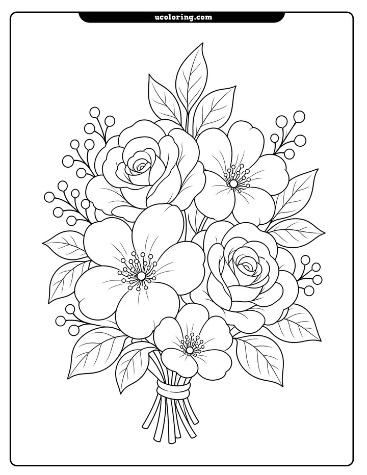 A centered low floral bouquet with large blossoms, leaves, and berry buds in bold black outlines coloring page