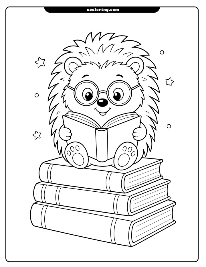 A hedgehog with round eyeglasses reads an open book while sitting on three large books coloring page