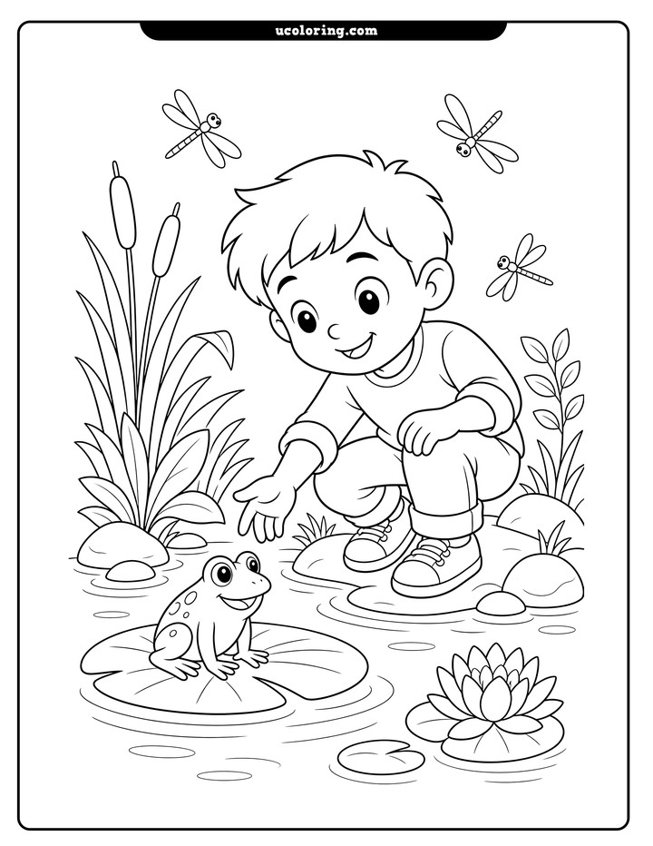 A cheerful boy reaches toward a smiling frog on a lily pad beside a pond coloring page