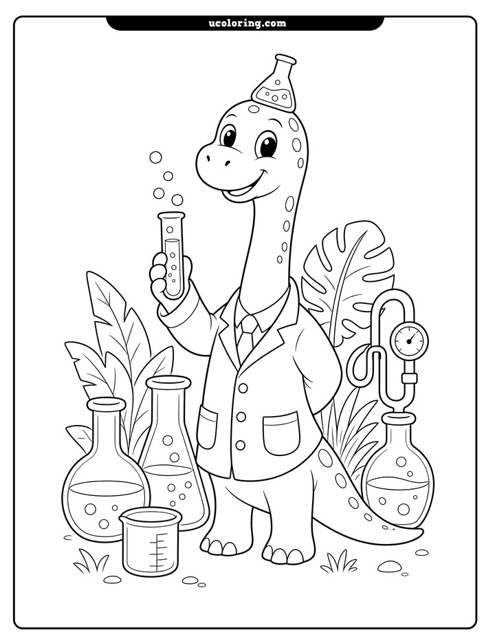 Friendly brachiosaurus scientist in a lab coat holding a bubbling test tube amid glassware and plants coloring page