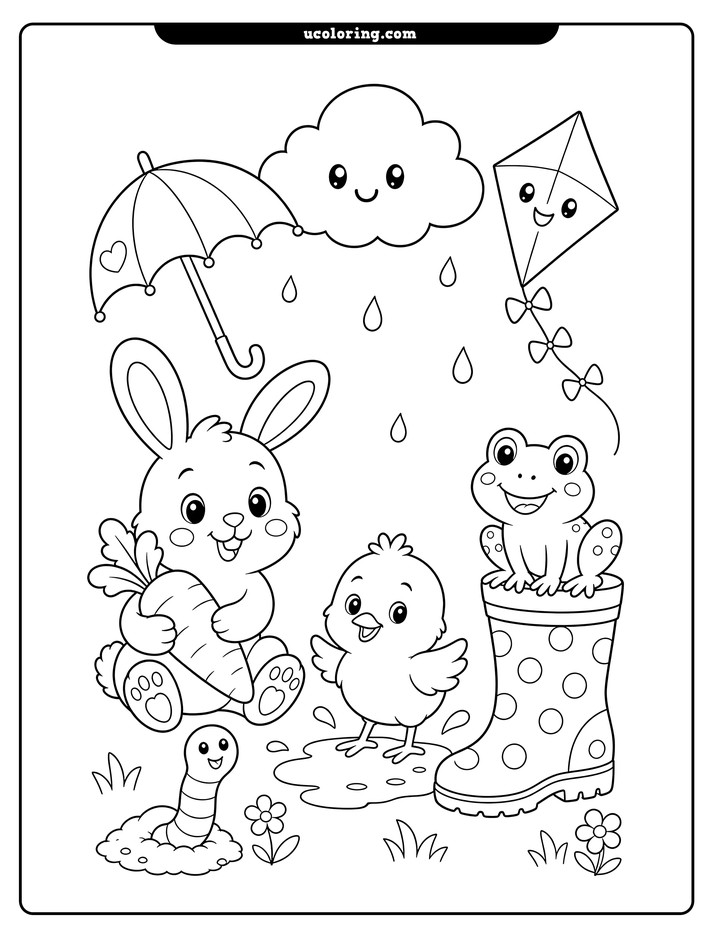 A bunny with a carrot, worm, chick in a puddle, frog on a rain boot, cloud, umbrella, and kite coloring page