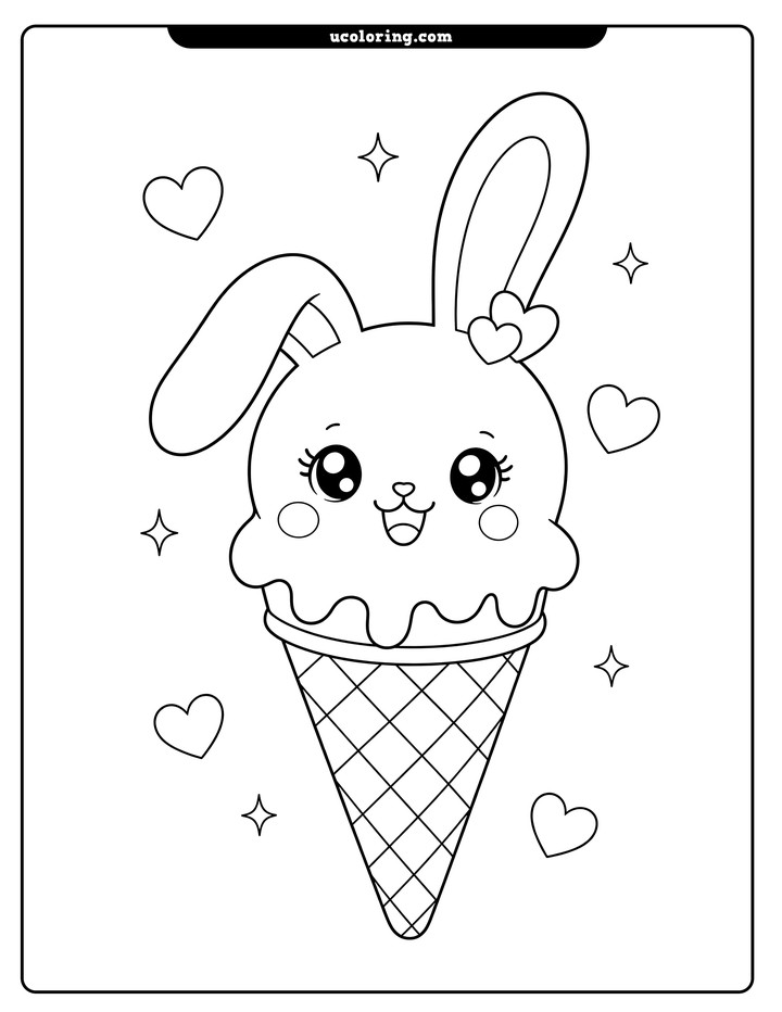 Bunny-shaped ice cream scoop with floppy ears on a waffle cone, surrounded by hearts and stars coloring page
