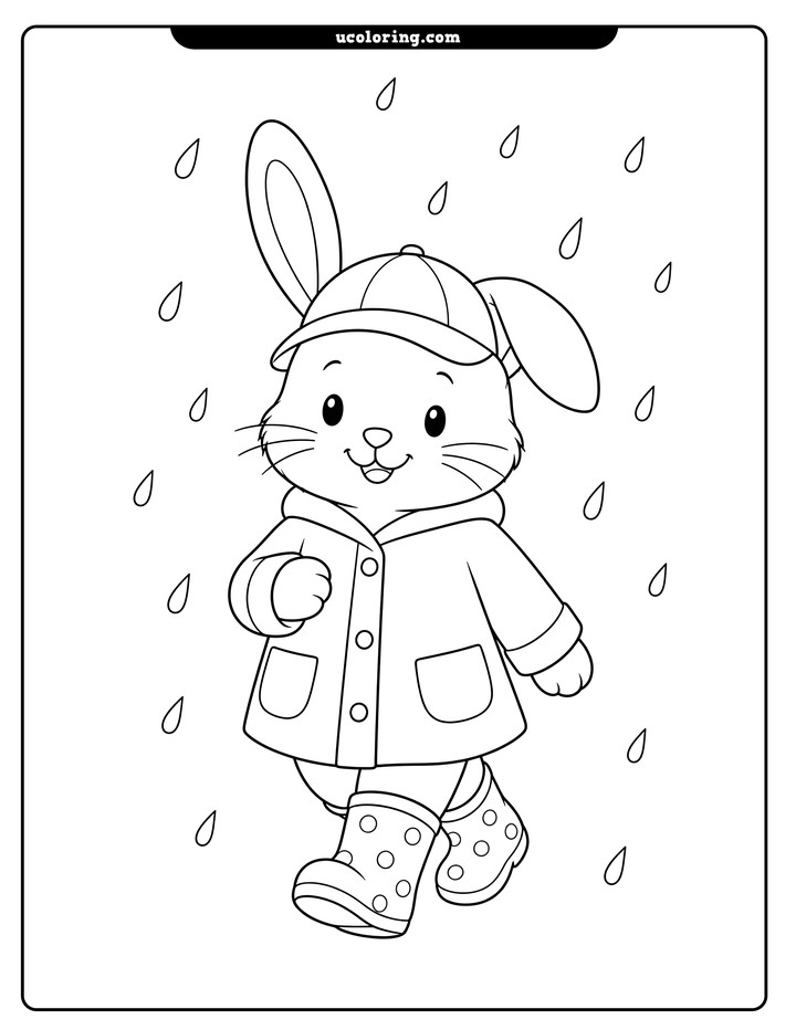 A happy bunny in a raincoat, cap, and polka-dot rain boots surrounded by diagonal raindrops coloring page