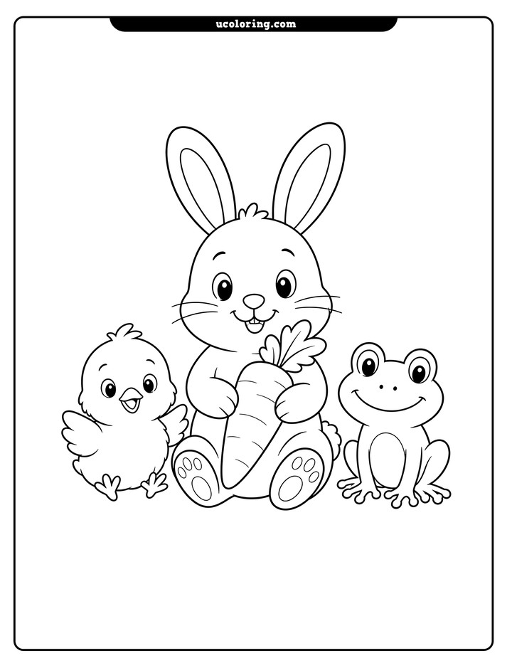 A bunny holding a large carrot sits between a chick and a frog in bold line art coloring page