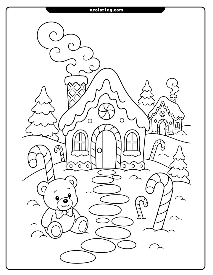 Gingerbread cottage, teddy bear, candy canes, snowy hills, and evergreen trees in a winter-sweets coloring page
