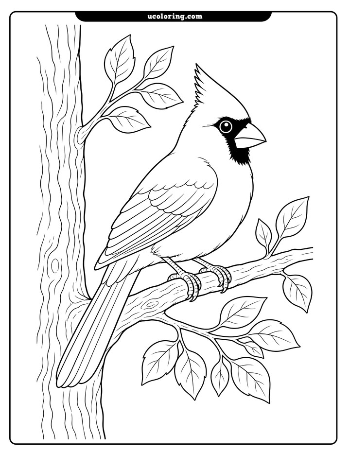 A cardinal perched facing right on a leafy tree branch beside a textured trunk coloring page