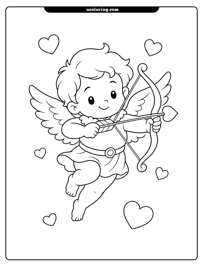 Cute floating cupid with wings, a bow, a heart-tipped arrow, and simple hearts coloring page