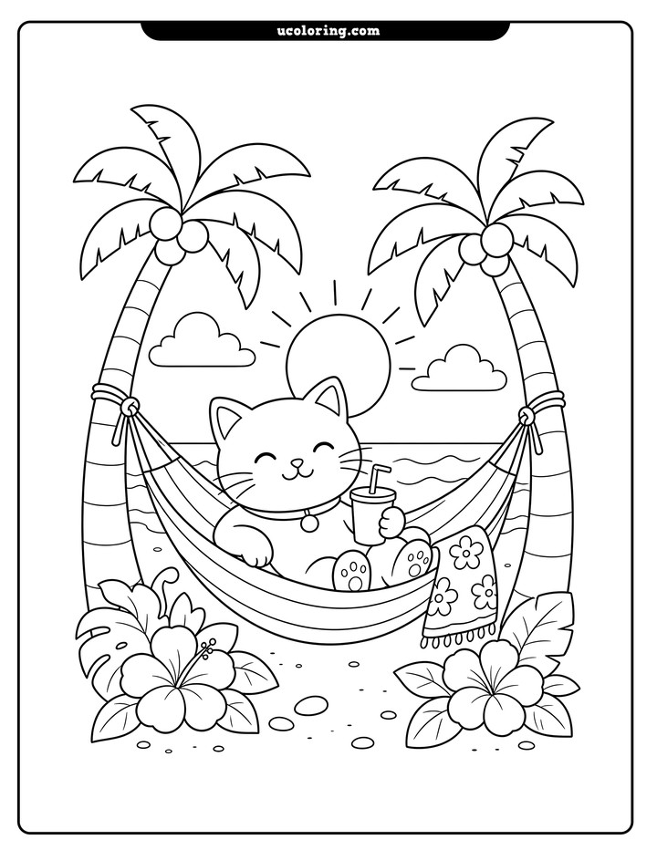 A smiling cat relaxes in a striped hammock between palm trees at a sunny beach coloring page