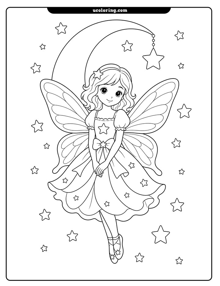 Celestial fairy with butterfly wings, a crescent moon, and surrounding stars coloring page