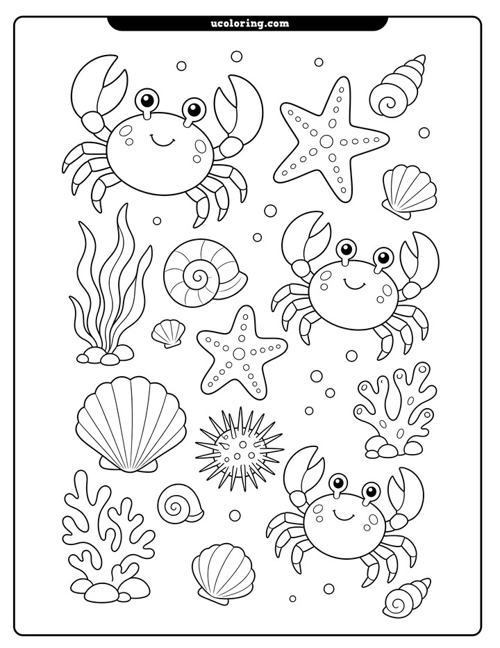 Three cheerful crabs with starfish, shells, seaweed, coral, and a sea urchin on a white coloring page