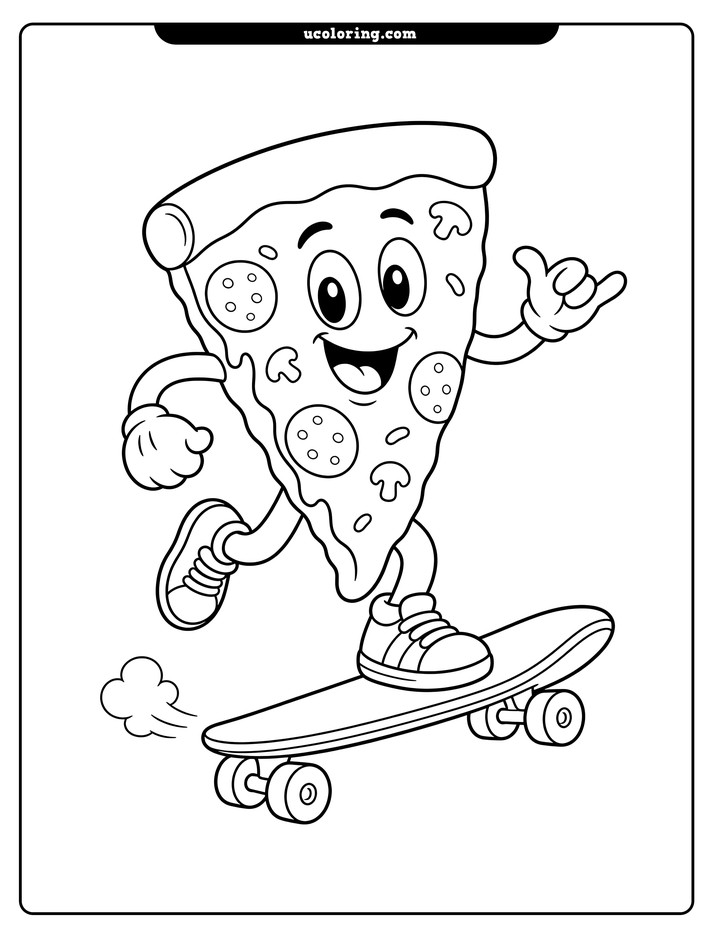 A smiling anthropomorphic pepperoni pizza slice rides a tilted skateboard with gloved hands and sneaker-clad legs coloring page