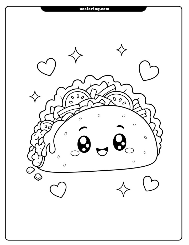 Cheerful filled taco with a cute face, hearts, and sparkle stars coloring page