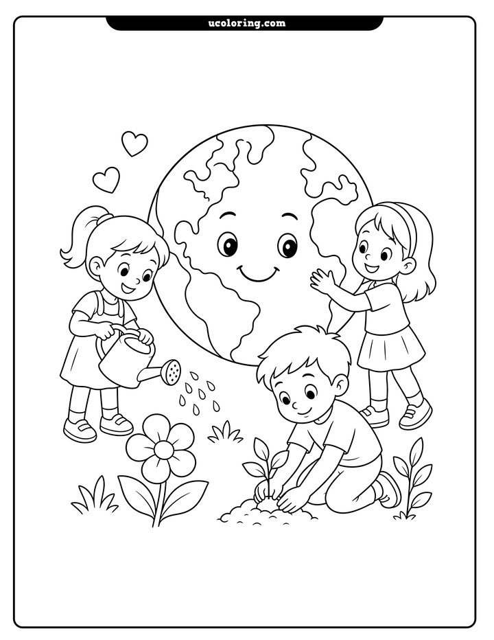 Three children care for a smiling Earth globe with a sprout, flower, plants, watering can, and hearts coloring page