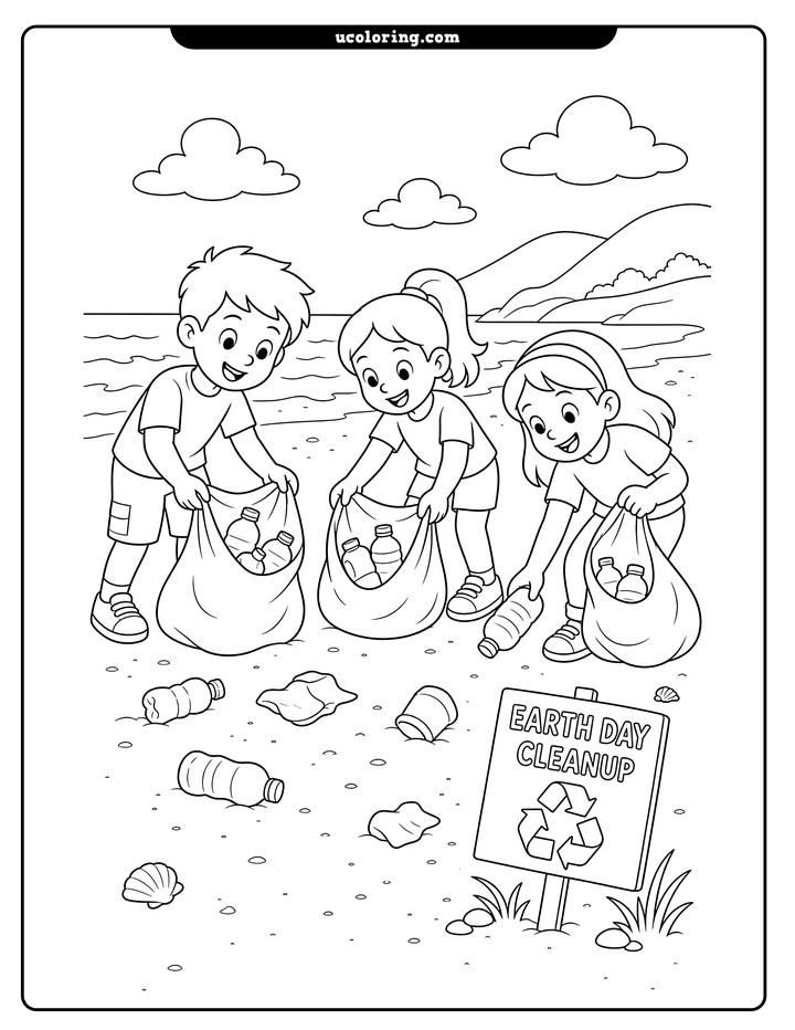 Three children collect plastic bottles into reusable bags on a beach beside an Earth Day recycling sign coloring page