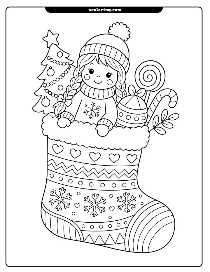 Girl doll in a decorated Christmas stocking with a tree, candy, and gifts coloring page